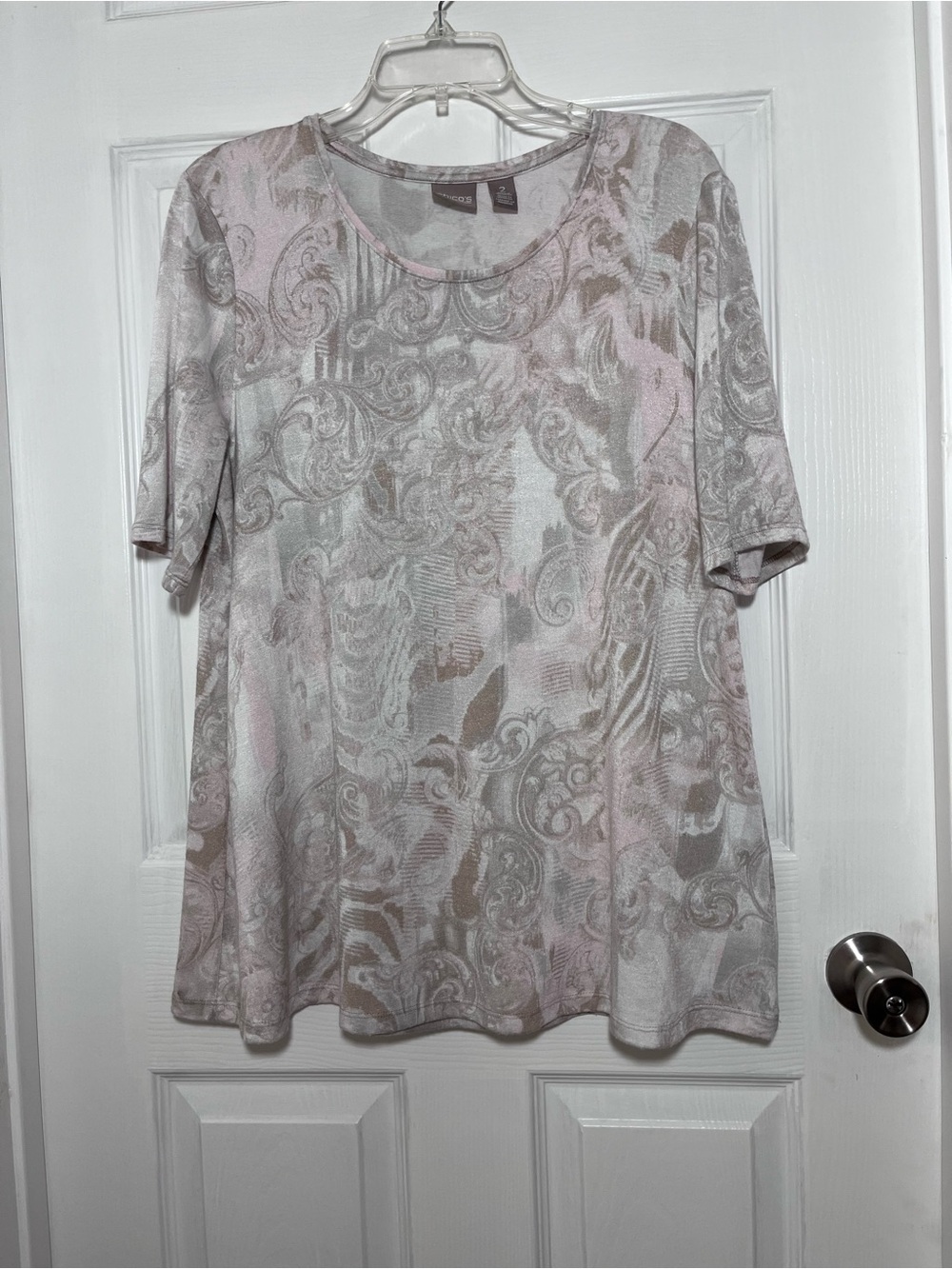 Chico's Pink and Light Beige Swirl-Print Short Sleeve Top